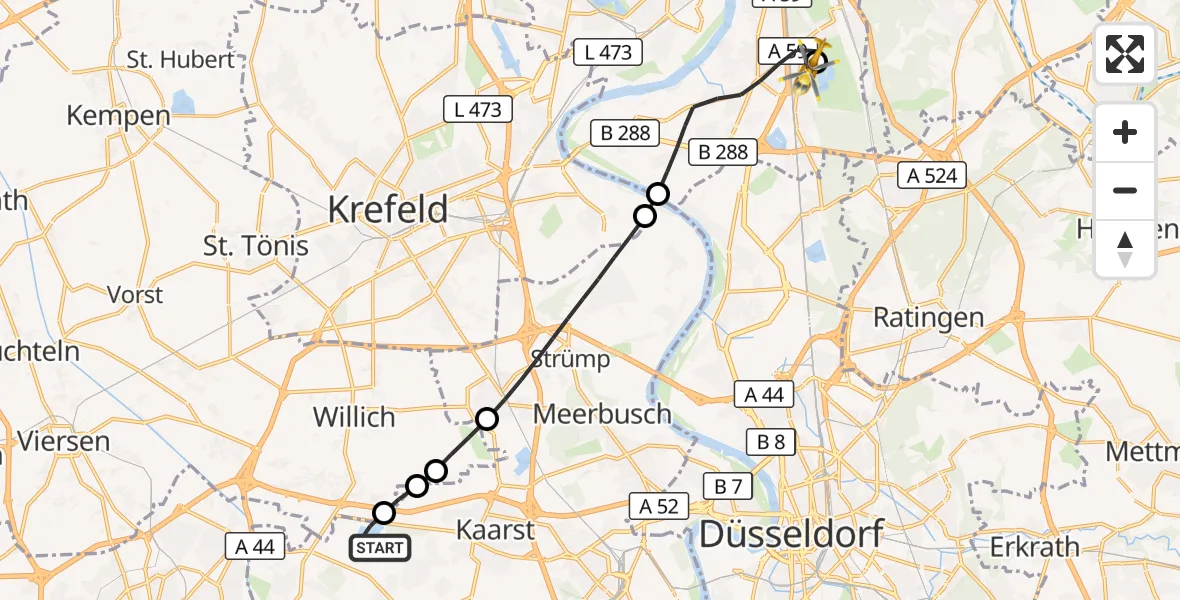 Flugroute Rettungshubschrauber Korschenbroich - Duisburg Air Rescue Hubschrauberlandeplatz (Christoph 9), 20 Juni 2026, 14:01