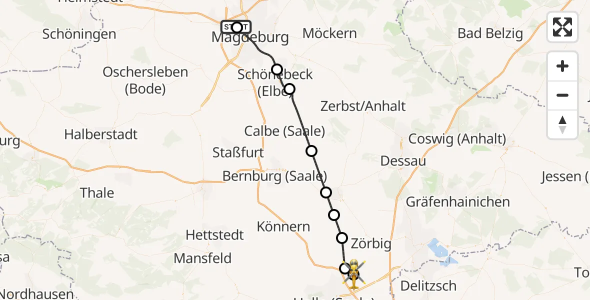 Flugroute Rettungshubschrauber Magdeburg Hospital - Halle-Oppin Flugplatz, 20 Juni 2026, 14:03