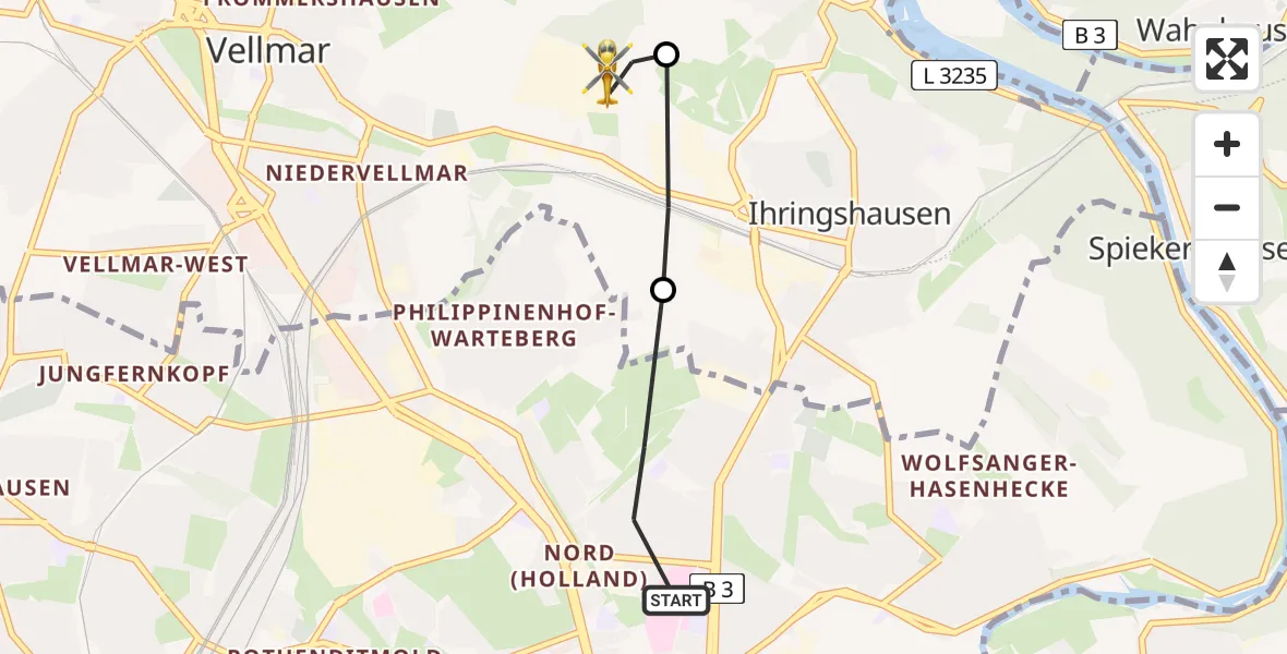 Flugroute Rettungshubschrauber Kassel - Fuldatal Bundespolizei Hubschrauberlandeplatz, 20 Juni 2026, 14:05