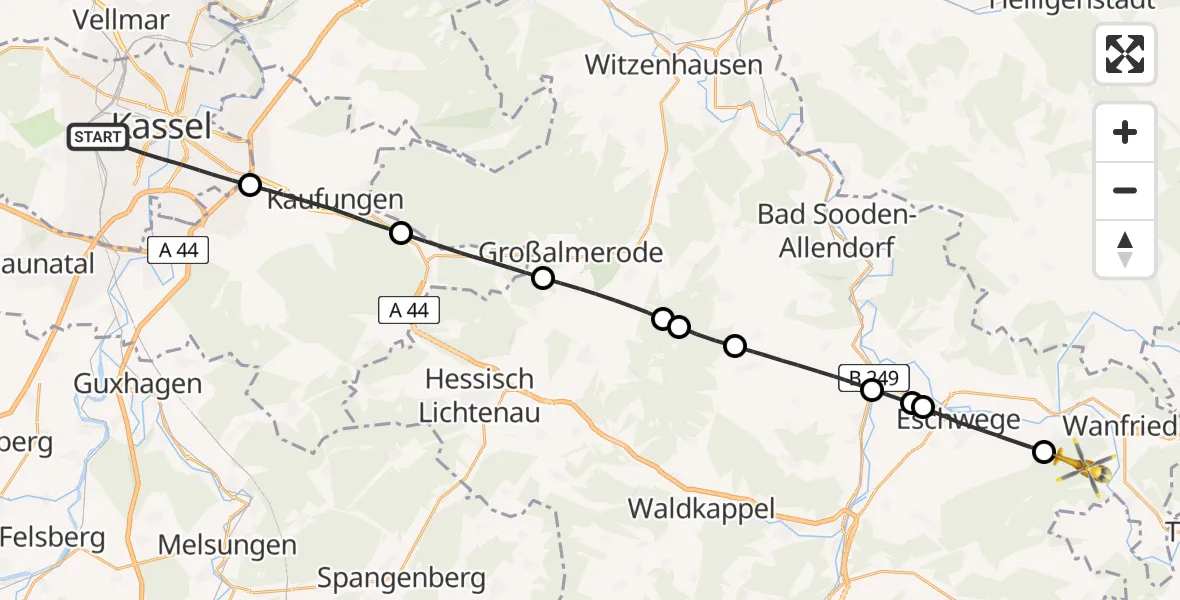 Flugroute Rettungshubschrauber Kassel - Wanfried, 20 Juni 2026, 14:06