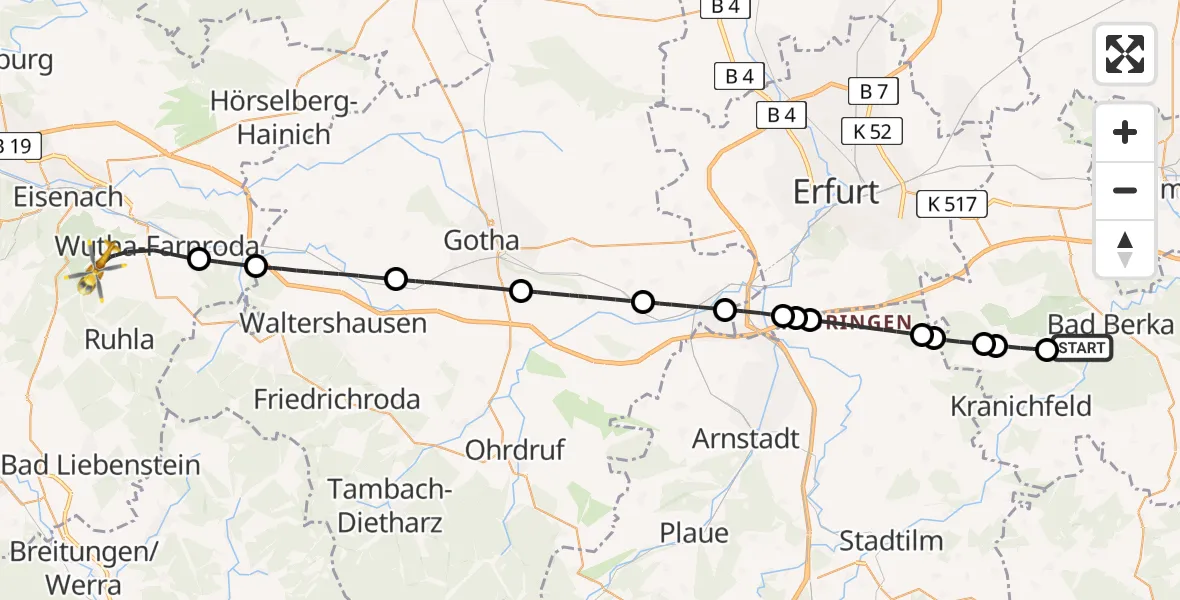 Flugroute Ambulanzhubschrauber Bad Berka - Wutha-Farnroda, 20 Juni 2026, 14:07