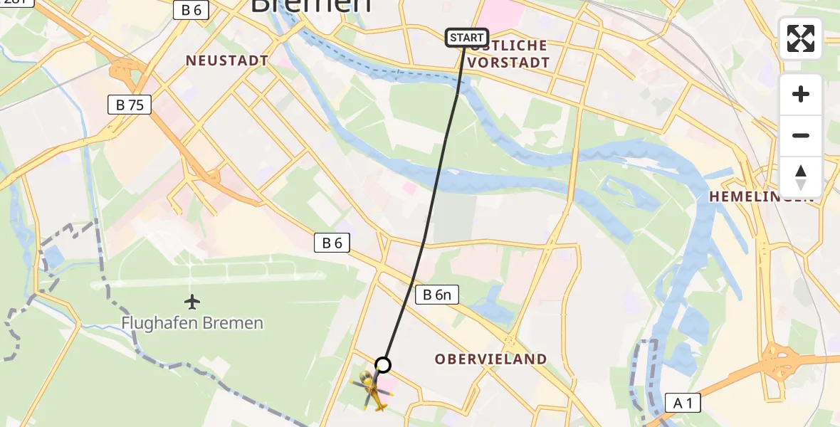 Flugroute Rettungshubschrauber Bremen - ADAC Air Rescue Station Bremen Hubschrauberlandeplatz (Christoph 6), 20 Juni 2026, 14:07