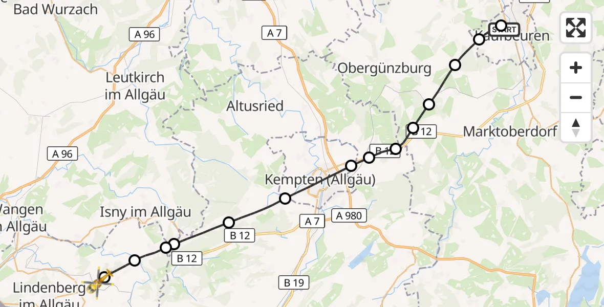 Flugroute Rettungshubschrauber Ostallgäu-Kaufbeuren Hospital - Röthenbach (Allgäu), 20 Juni 2026, 14:15