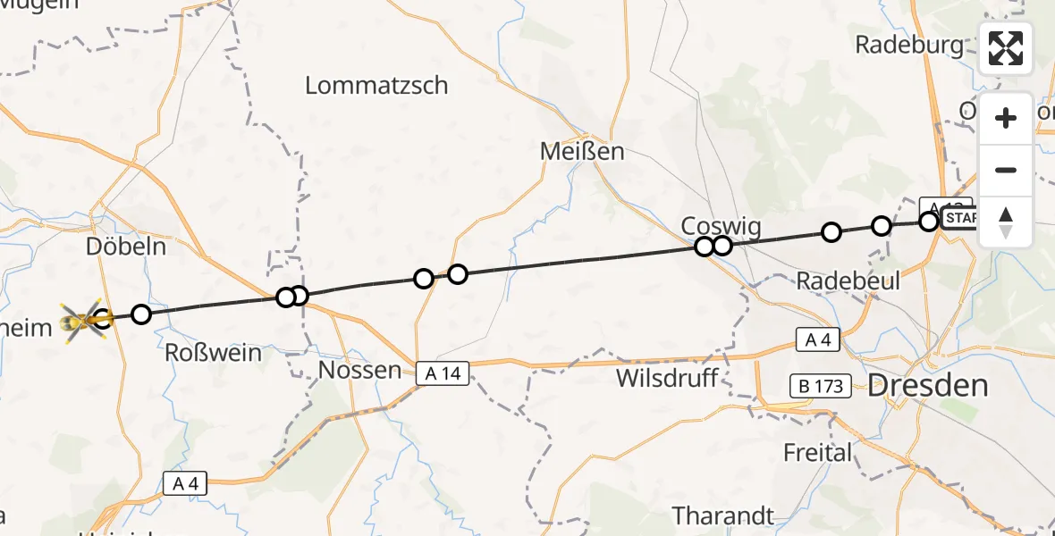 Flugroute Rettungshubschrauber Dresden Flughafen - Waldheim, 20 Juni 2026, 14:16