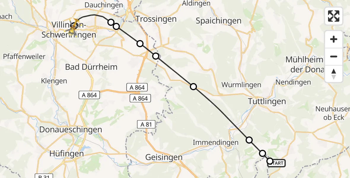 Flugroute Ambulanzhubschrauber Emmingen-Liptingen - DRF Air Rescue Station Villingen-Schwenningen Hubschrauberlandeplatz (Christoph 11), 20 Juni 2026, 14:26