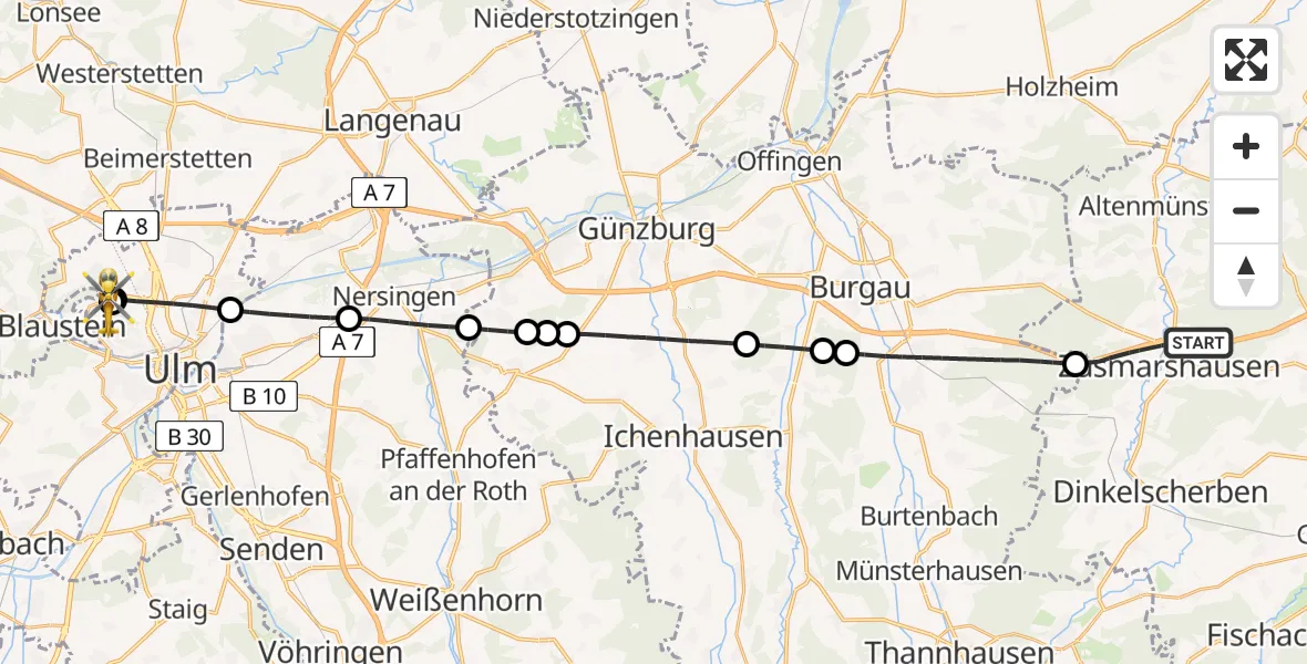 Flugroute Rettungshubschrauber Zusmarshausen - Ulm Military Hospital Emergency, 20 Juni 2026, 14:33