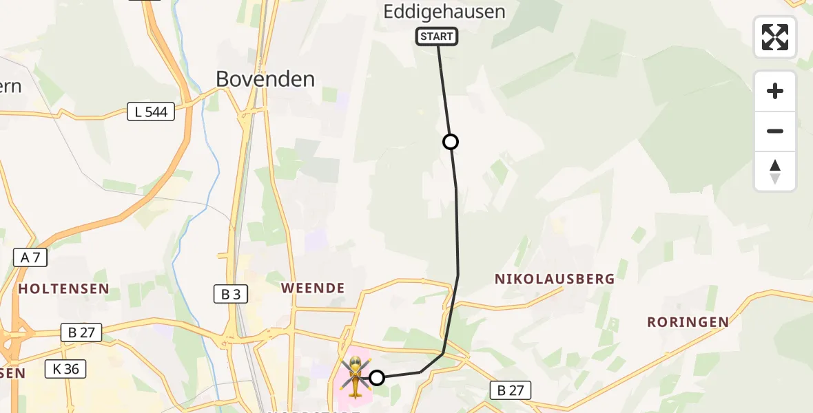 Flugroute Rettungshubschrauber Bovenden - Göttingen University Clinic Hubschrauberlandeplatz, 20 Juni 2026, 14:35
