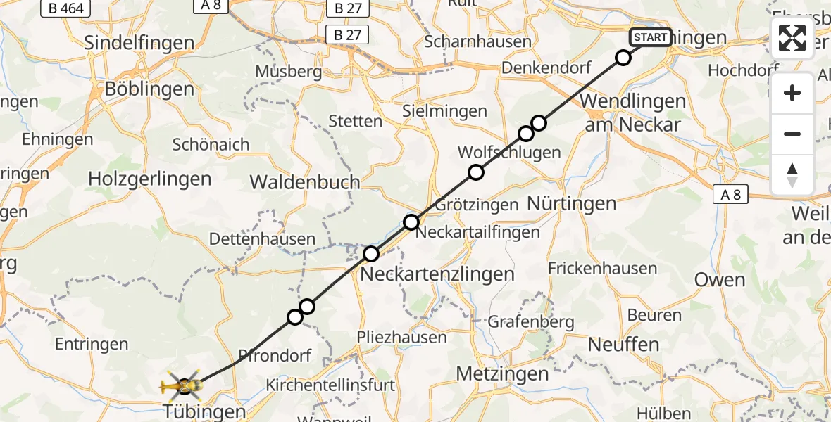 Flugroute Rettungshubschrauber Deizisau - Tübingen Trauma Hospital, 20 Juni 2026, 14:36