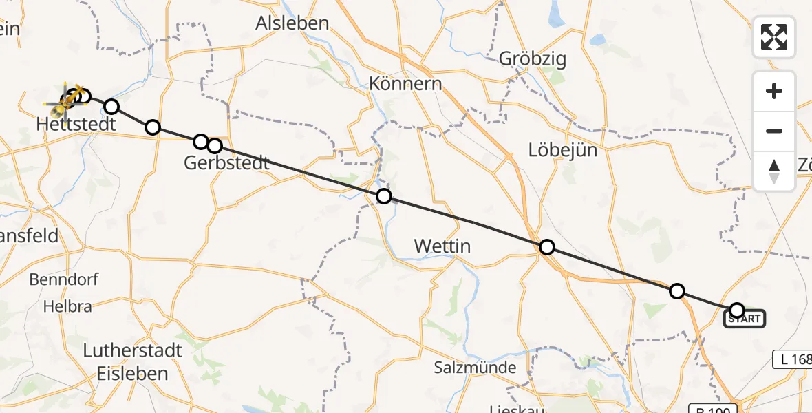 Flugroute Rettungshubschrauber Halle-Oppin Flugplatz - Helios Hospital Hettstedt, 20 Juni 2026, 14:36