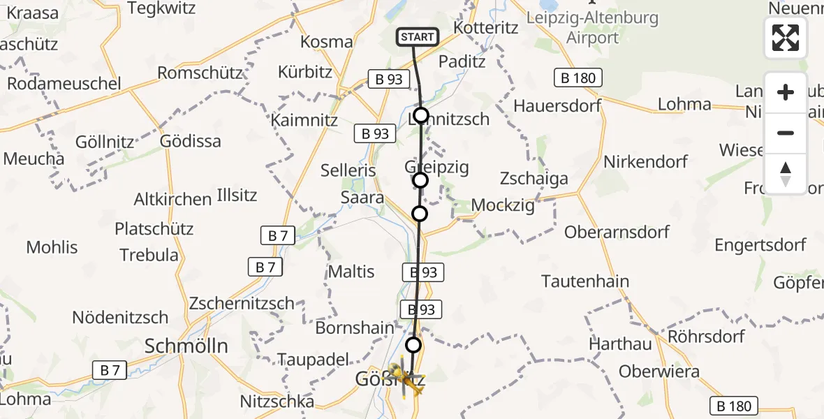 Flugroute Rettungshubschrauber Altenburg - Gößnitz, 20 Juni 2026, 14:49