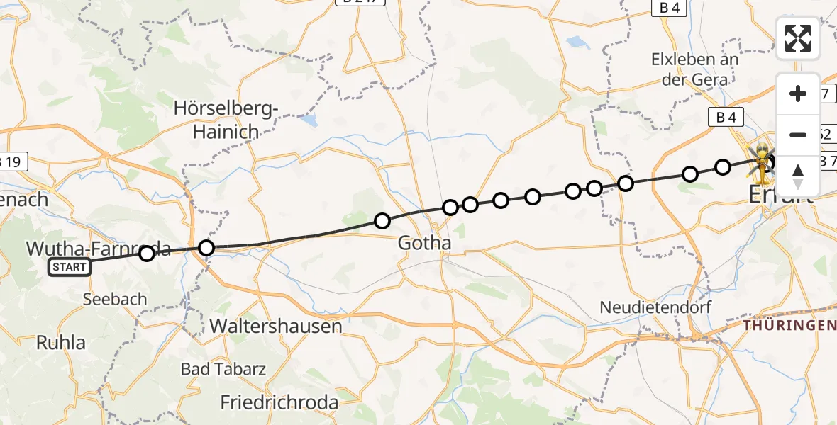 Flugroute Ambulanzhubschrauber Wutha-Farnroda - Helios Clinic Erfurt, 20 Juni 2026, 14:50