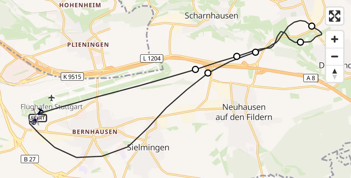 Flugroute Polizeihubschrauber Flughafen Stuttgart - Flughafen Stuttgart, 20 Juni 2026, 14:58