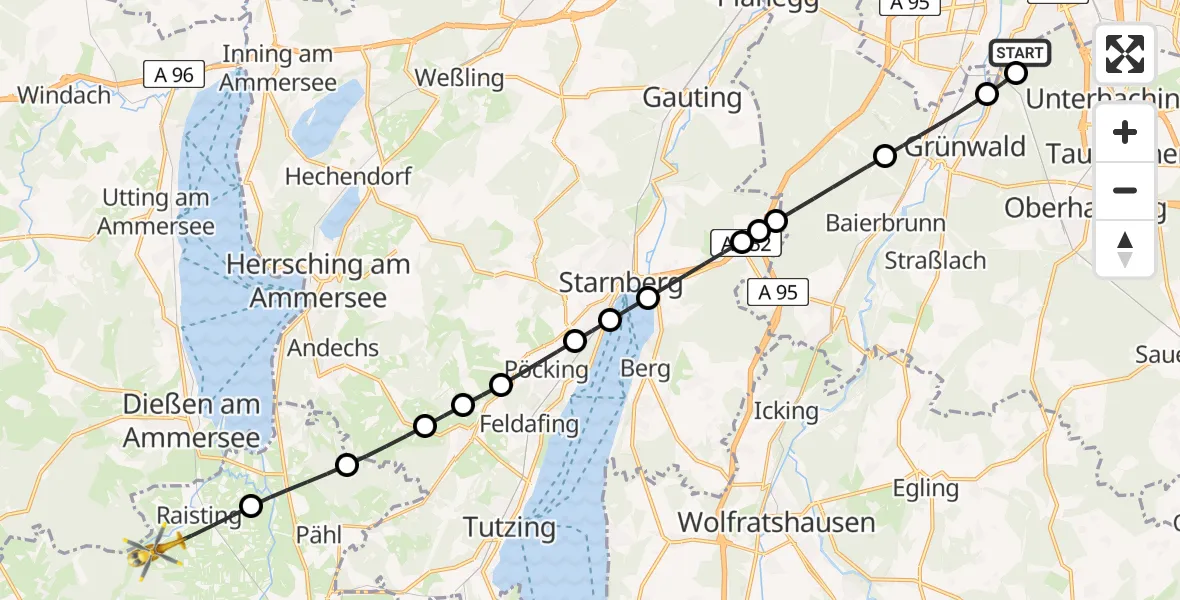 Flugroute Rettungshubschrauber ADAC Air Rescue Center Hubschrauberlandeplatz (Christoph 1) - Raisting, 20 Juni 2026, 14:59