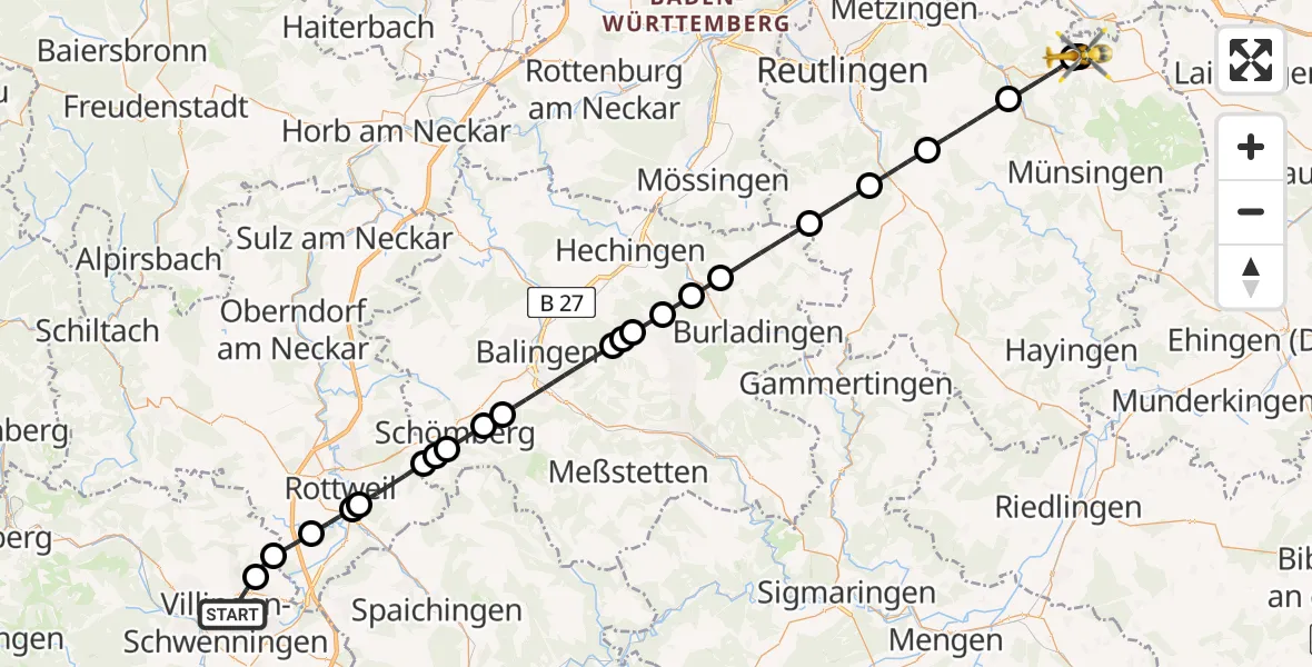 Flugroute Ambulanzhubschrauber Villingen-Schwenningen - Römerstein, 20 Juni 2026, 15:03