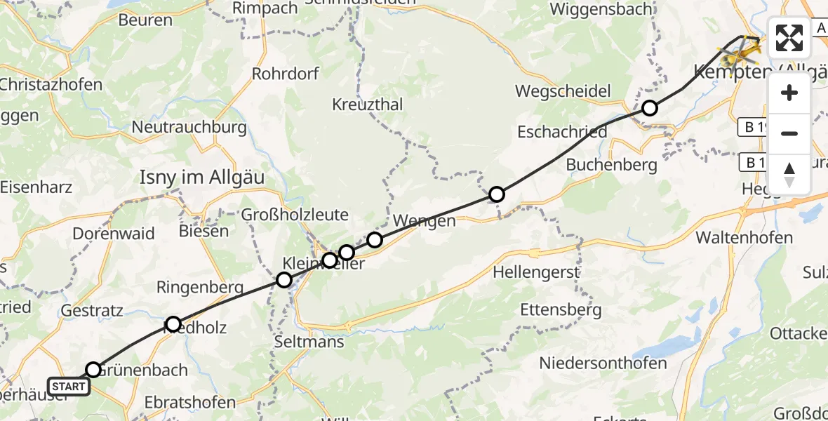 Flugroute Rettungshubschrauber Röthenbach (Allgäu) - Kempten (Allgäu), 20 Juni 2026, 15:03