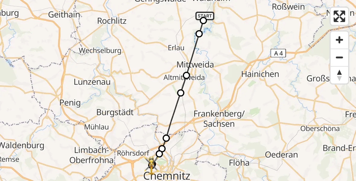 Flugroute Rettungshubschrauber Waldheim - Flemmingstraße Hospital Rooftop, 20 Juni 2026, 15:06