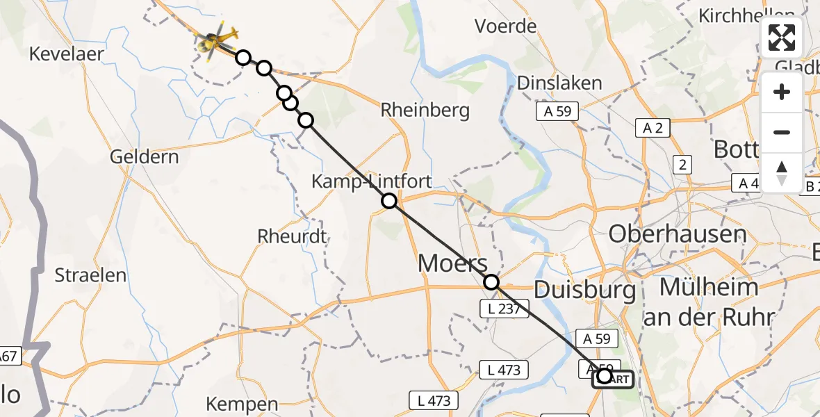 Flugroute Rettungshubschrauber Duisburg Air Rescue Hubschrauberlandeplatz (Christoph 9) - Sonsbeck, 20 Juni 2026, 15:06
