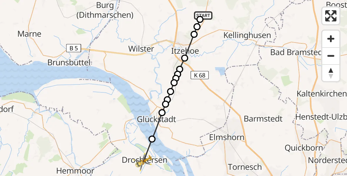 Flugroute Rettungshubschrauber Itzehoe Hungriger Wolf Flugplatz - Drochtersen, 20 Juni 2026, 15:09