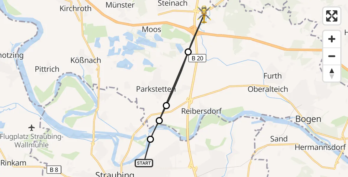 Flugroute Rettungshubschrauber Sankt Elisabeth Hospital Straubing - Steinach, 20 Juni 2026, 15:11