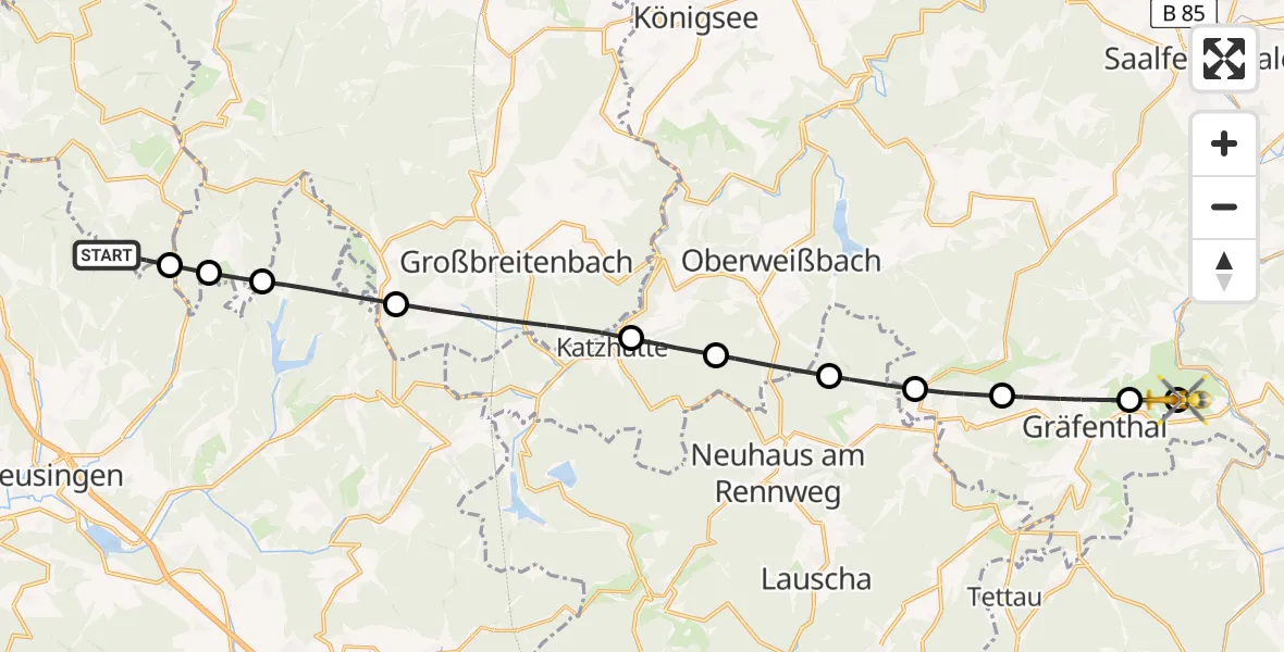 Flugroute Rettungshubschrauber Suhl - Probstzella, 20 Juni 2026, 15:18