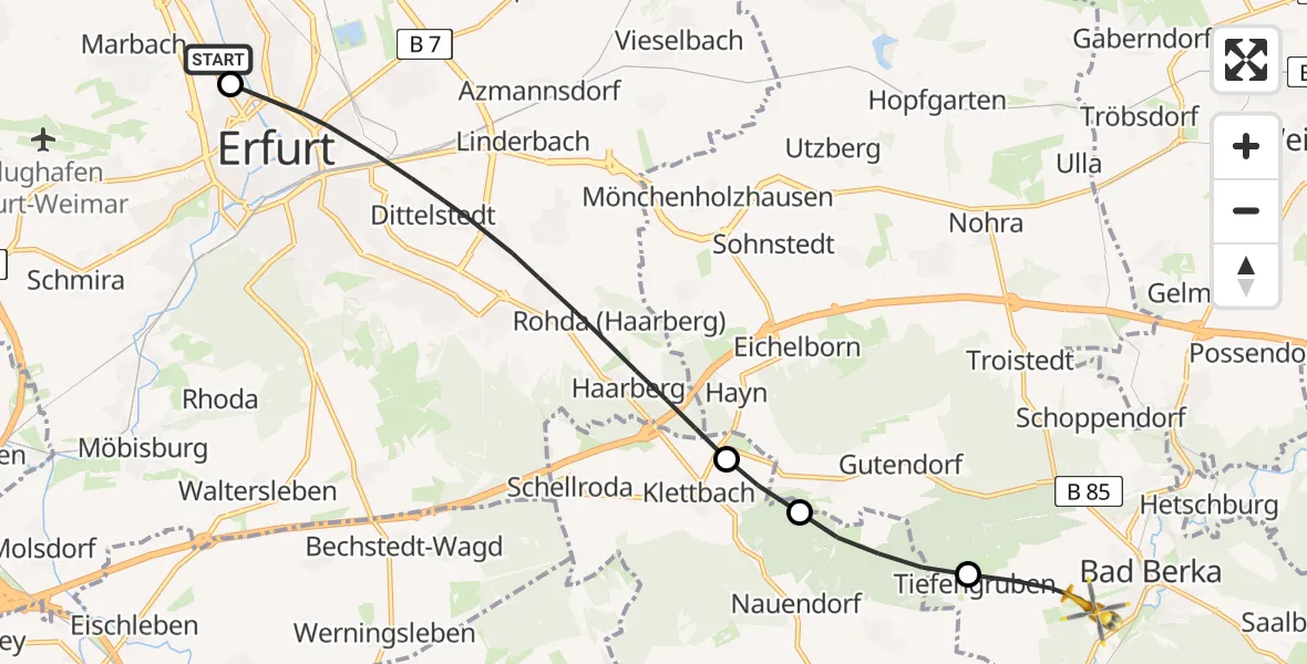 Flugroute Ambulanzhubschrauber Helios Clinic Erfurt - Bad Berka Zentralklinik Hubschrauberlandeplatz, 20 Juni 2026, 15:21