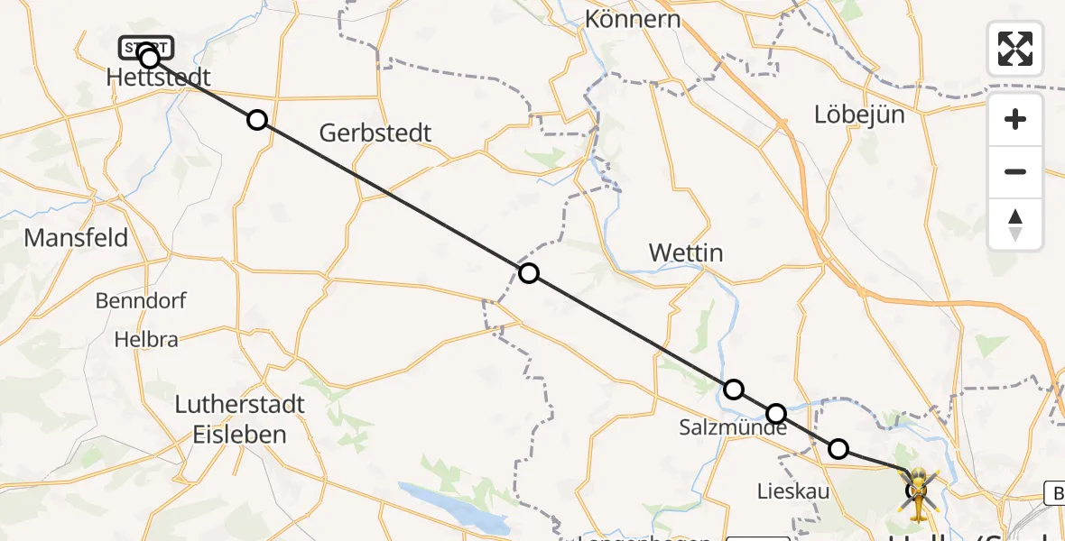 Flugroute Rettungshubschrauber Helios Hospital Hettstedt - Halle (Saale) University Hospital, 20 Juni 2026, 15:22