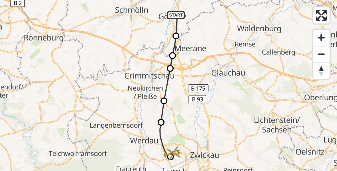 Flugroute Rettungshubschrauber Gößnitz - ADAC Air Rescue Station Zwickau Hubschrauberlandeplatz, 20 Juni 2026, 15:23