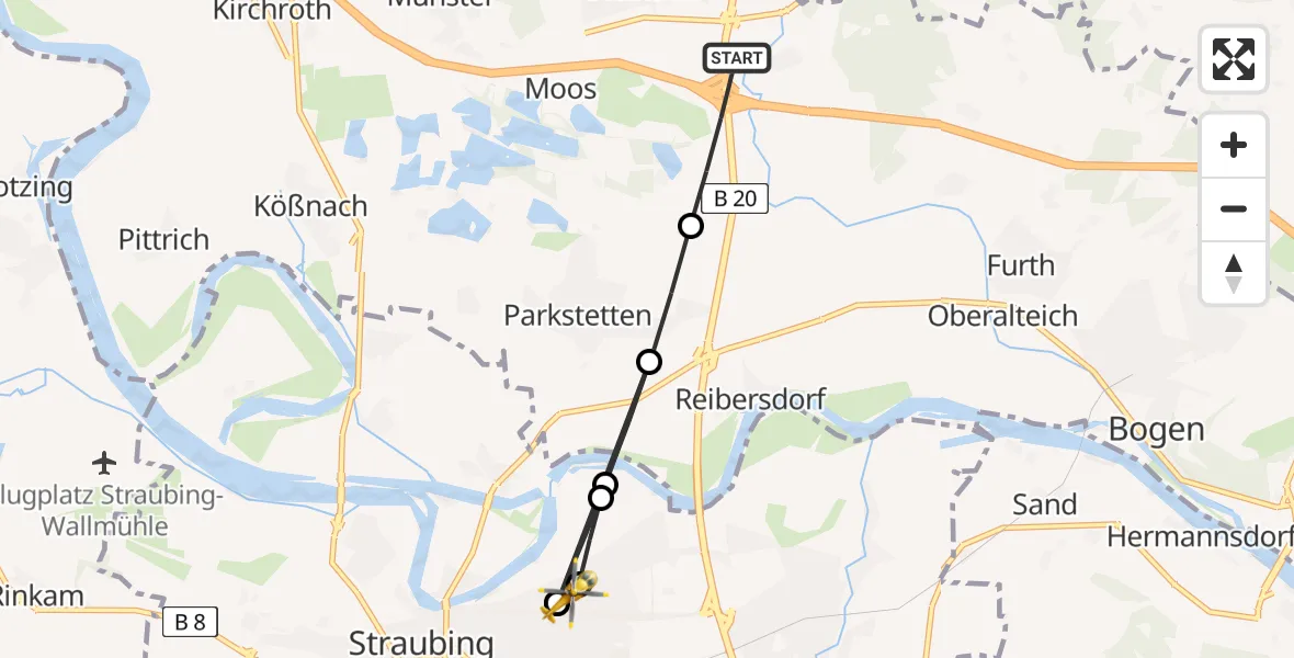 Flugroute Rettungshubschrauber Steinach - Sankt Elisabeth Hospital Straubing Hubschrauberlandeplatz, 20 Juni 2026, 15:30