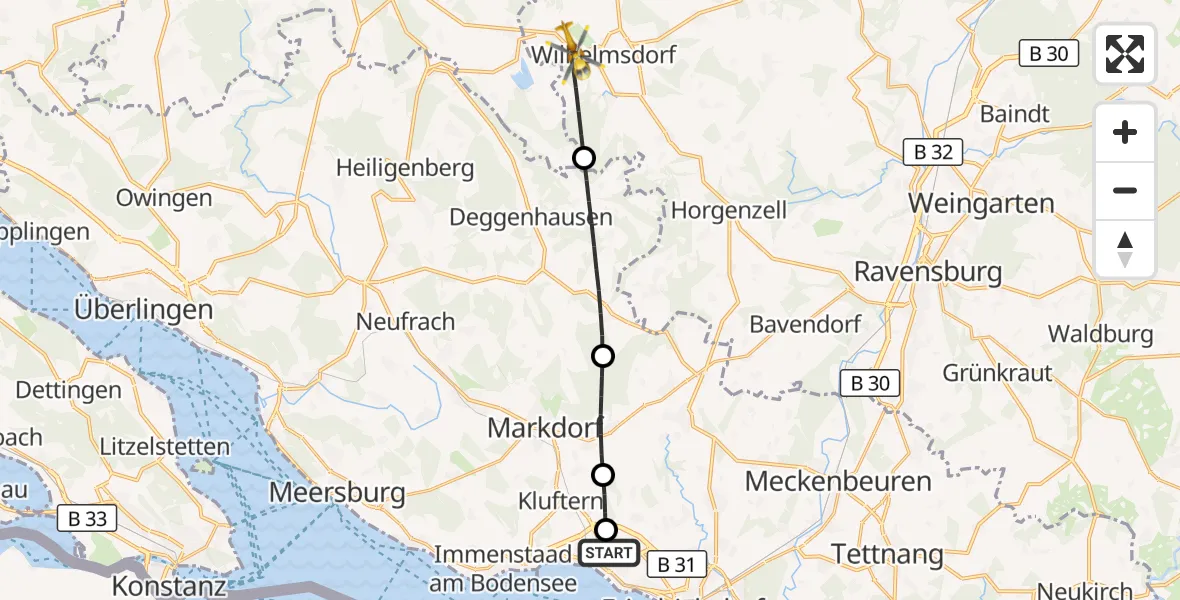 Flugroute Rettungshubschrauber Friedrichshafen Hospital - Wilhelmsdorf, 20 Juni 2026, 15:38