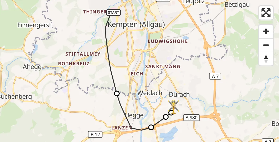 Flugroute Rettungshubschrauber Kempten (Allgäu) - Kempten-Durach Flugplatz, 20 Juni 2026, 15:39