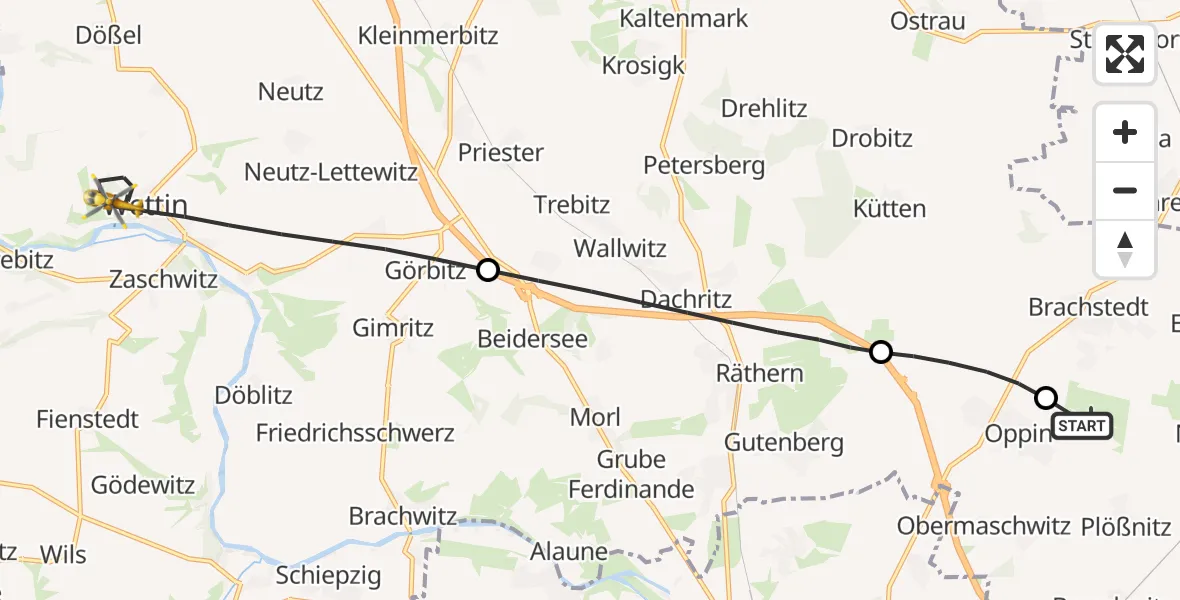 Flugroute Rettungshubschrauber Halle-Oppin Flugplatz - Wettin-Löbejün, 20 Juni 2026, 15:39