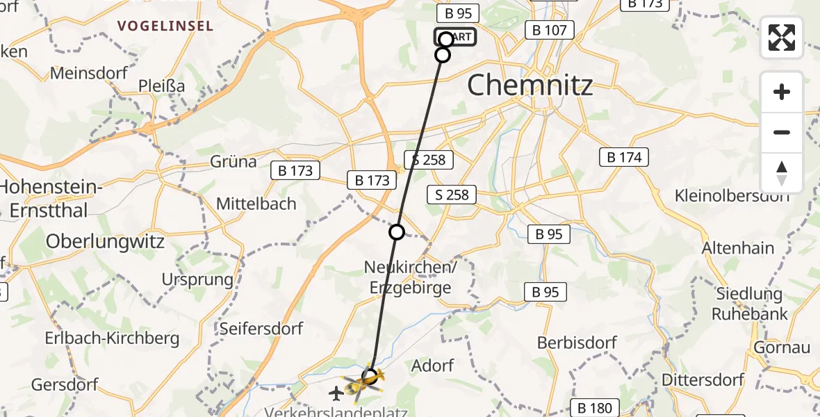 Flugroute Rettungshubschrauber Flemmingstraße Hospital Rooftop - Jahnsdorf/Erzgeb., 20 Juni 2026, 15:40