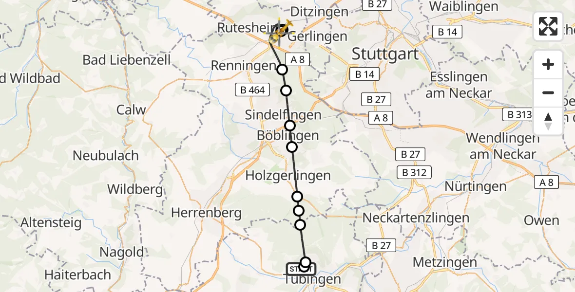 Flugroute Rettungshubschrauber Tübingen Trauma Hospital - Leonberg Hospital, 20 Juni 2026, 15:55