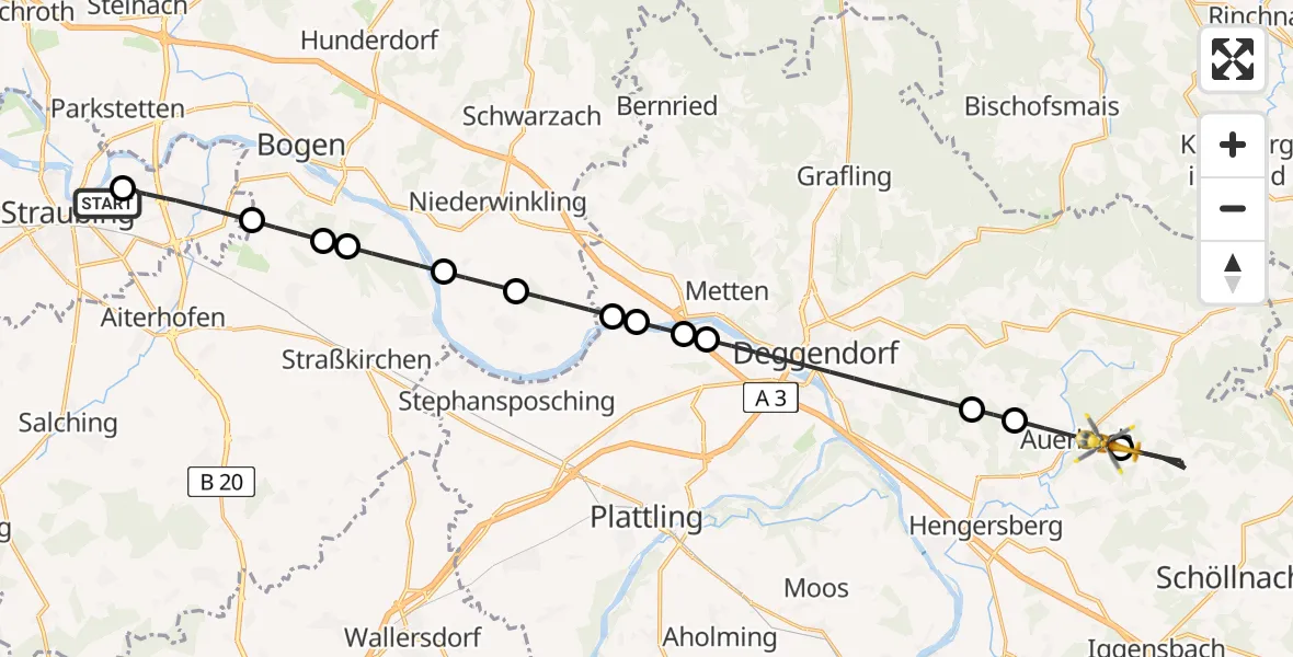 Flugroute Rettungshubschrauber Sankt Elisabeth Hospital Straubing - Auerbach, 20 Juni 2026, 15:58