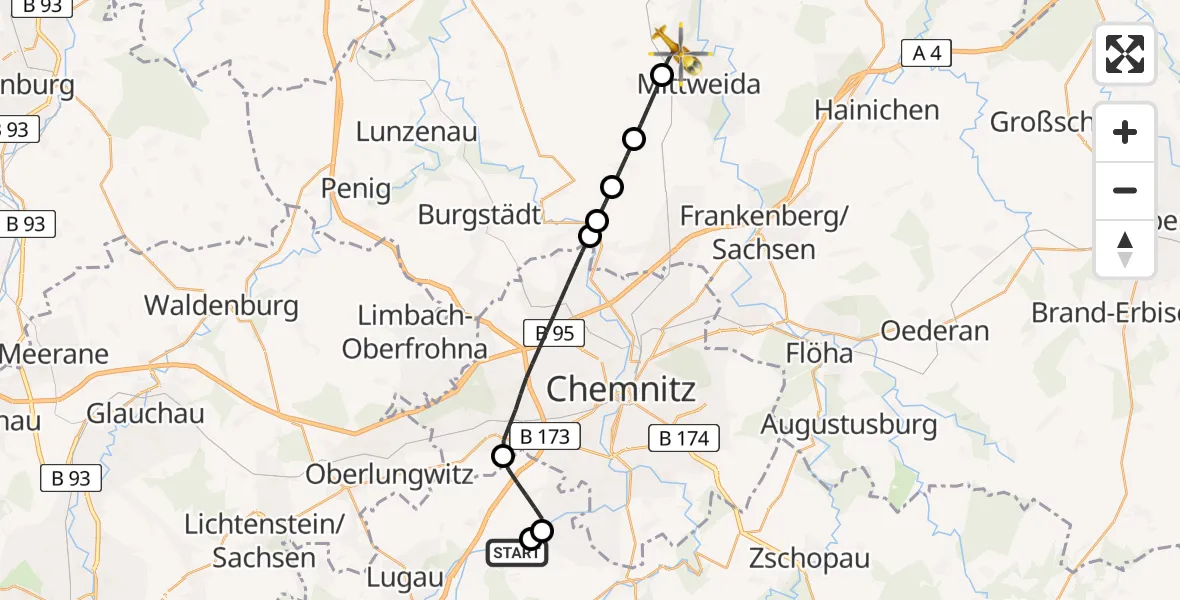 Flugroute Rettungshubschrauber Chemnitz/Jahnsdorf Flugplatz - Mittweida, 20 Juni 2026, 16:01