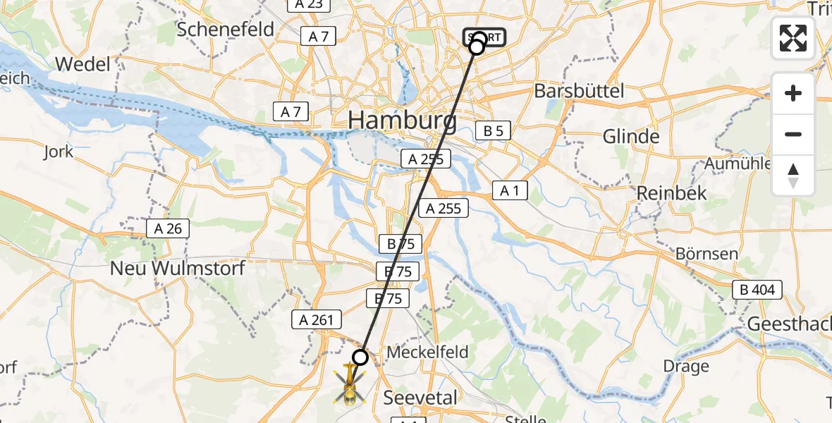 Flugroute Rettungshubschrauber Hamburg Military Hospital - Seevetal, 20 Juni 2026, 16:03
