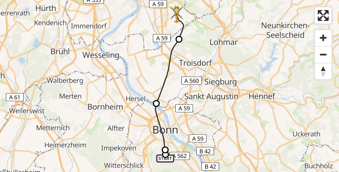 Flugroute Rettungshubschrauber Bonn University Hospital - Köln Bonn Flughafen, 20 Juni 2026, 16:04
