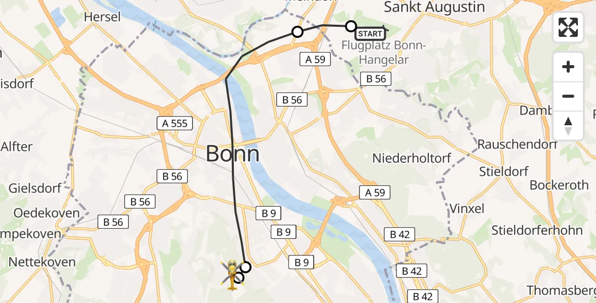 Flugroute Rettungshubschrauber Bonn-Hangelar Flugplatz - Bonn University Hospital, 20 Juni 2026, 16:08