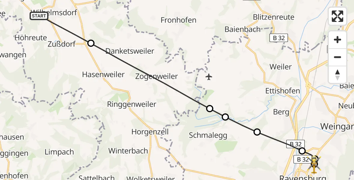 Flugroute Rettungshubschrauber Wilhelmsdorf - Sankt Elisabeth Hospital, 20 Juni 2026, 16:11