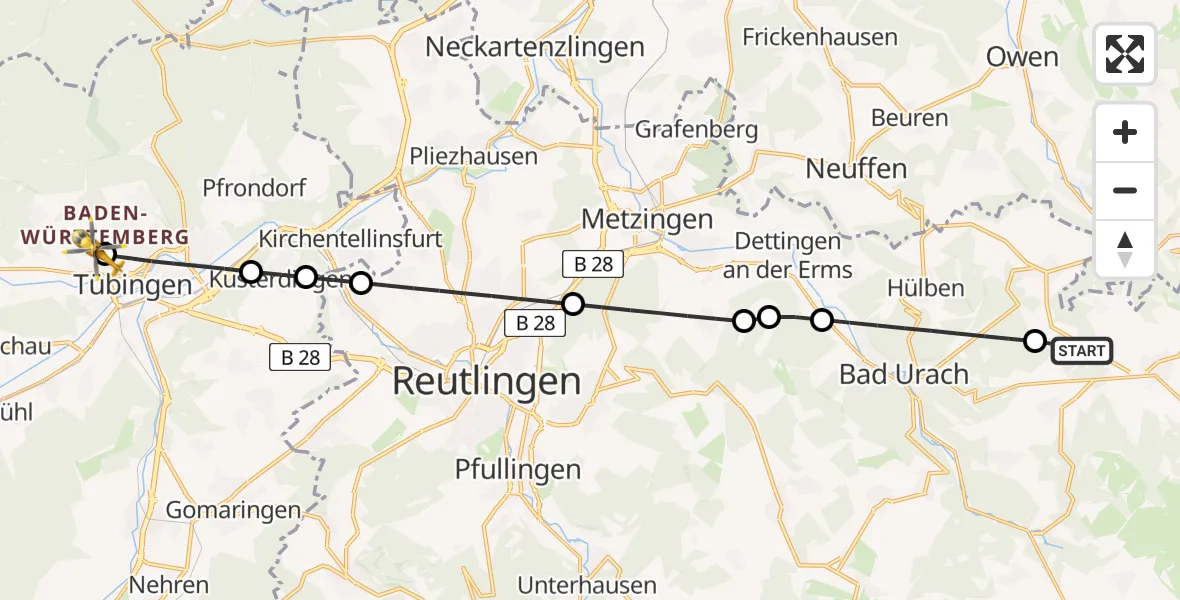 Flugroute Ambulanzhubschrauber Grabenstetten - Tübingen University Hospital, 20 Juni 2026, 16:12
