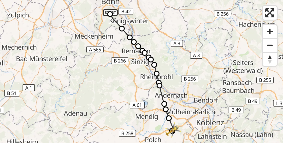 Flugroute Rettungshubschrauber Bonn University Hospital - Lonnig, 20 Juni 2026, 16:18