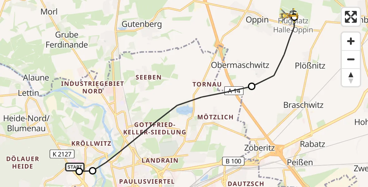 Flugroute Rettungshubschrauber Halle (Saale) University Hospital - Halle-Oppin Flugplatz, 20 Juni 2026, 16:20