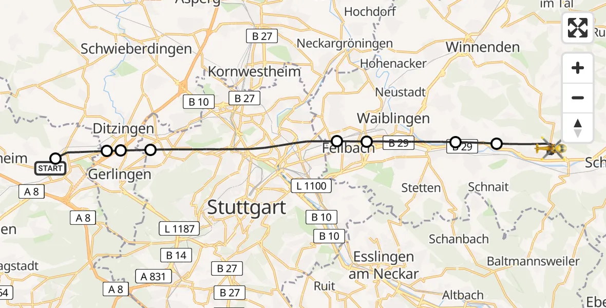 Flugroute Rettungshubschrauber Leonberg Hospital - Remshalden, 20 Juni 2026, 16:24