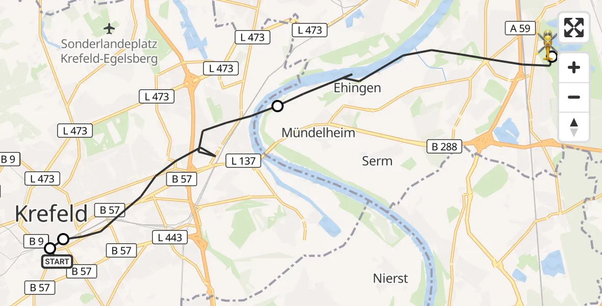 Flugroute Rettungshubschrauber Helios Clinic Krefeld - Duisburg Air Rescue Hubschrauberlandeplatz (Christoph 9), 20 Juni 2026, 16:24