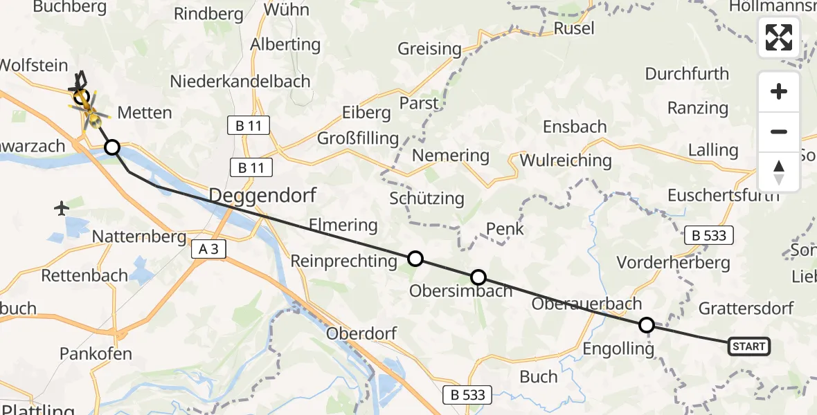 Flugroute Rettungshubschrauber Grattersdorf - Offenberg, 20 Juni 2026, 16:37