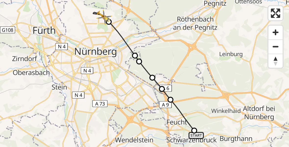 Flugroute Rettungshubschrauber Schwarzenbruck - Flughafen Nuremberg, 20 Juni 2026, 16:46