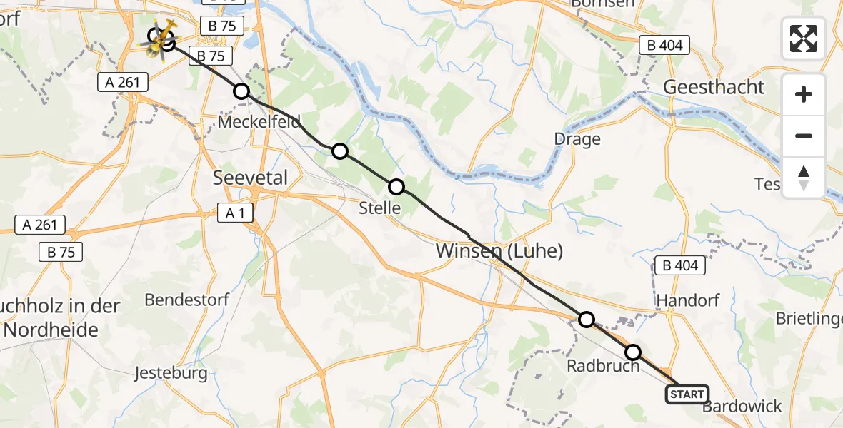 Flugroute Rettungshubschrauber Bardowick - Asklepios Hospital Harburg, 20 Juni 2026, 16:50