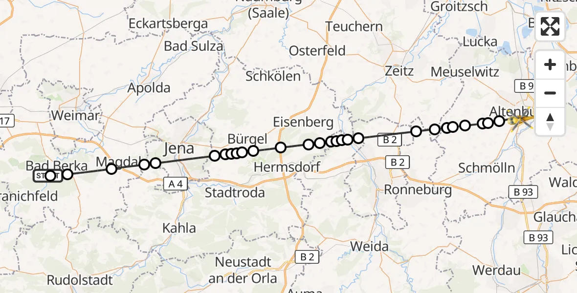 Flugroute Ambulanzhubschrauber DRF Rettungsstation Bad Berka Hubschrauberlandeplatz - Altenburg, 20 Juni 2026, 16:52