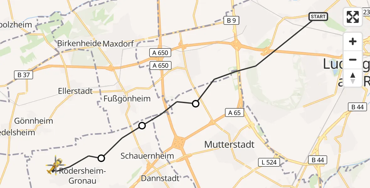 Flugroute Rettungshubschrauber Ludwigshafen am Rhein - Rödersheim-Gronau, 20 Juni 2026, 16:54