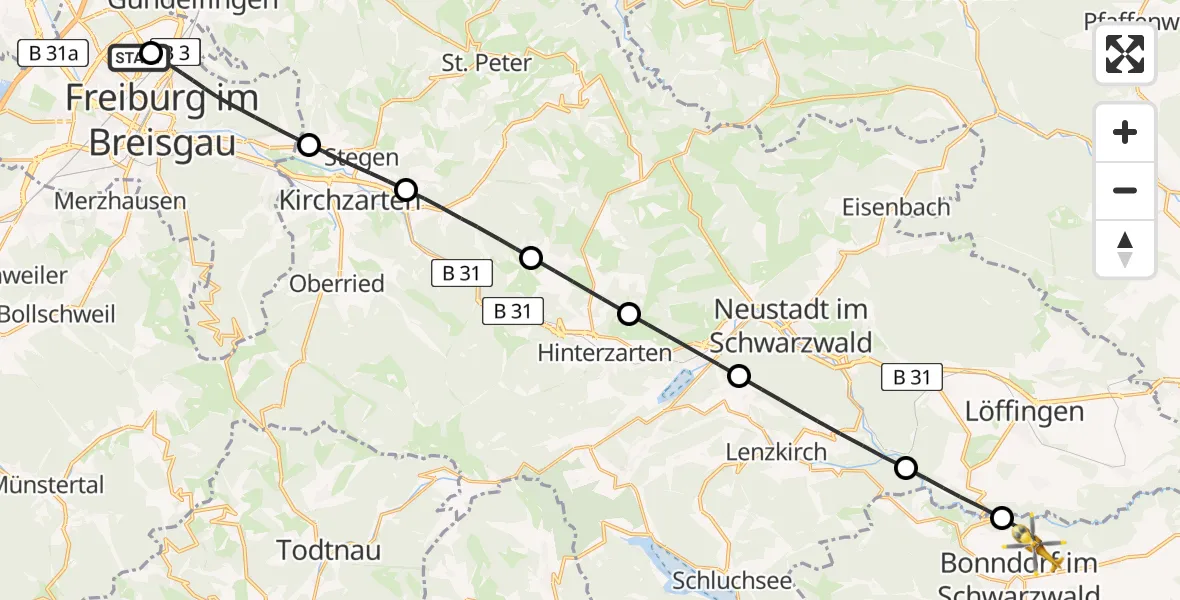 Flugroute Ambulanzhubschrauber Freiburg im Breisgau Flugplatz - Bonndorf im Schwarzwald, 20 Juni 2026, 17:10